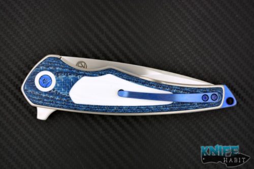 custom les voorhies simplex knife, blue carbon fiber handle, white g10 inlay, s30v blade steel, satin finish, faisal yamin design, blue anodized hardware