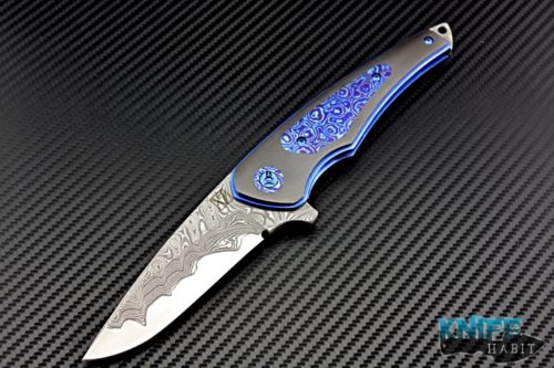 custom les voorhies simplex knife, full dress zirconium scales, timascus inlays, timascus clip, chad nichols san mai damascus blade