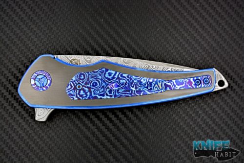 custom les voorhies simplex knife, full dress zirconium scales, timascus inlays, timascus clip, chad nichols san mai damascus blade