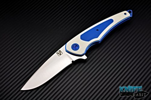 custom les voorhies simplex knife, white blue g10, blue anodized titanium liner lock, s30v blade steel, satin finish, faisal yamin design