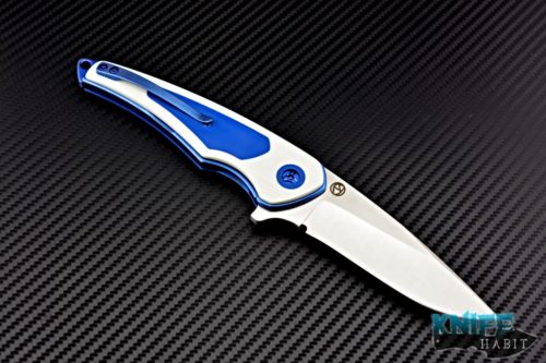 custom les voorhies simplex knife, white blue g10, blue anodized titanium liner lock, s30v blade steel, satin finish, faisal yamin design