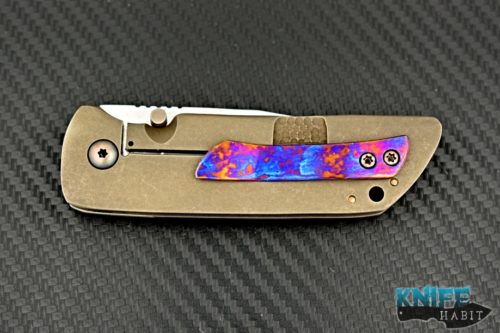 mcnees custom knives tanjun, hand rubbed cpm 154 blade steel, timascus pivot collar, timascus clip, two tone purple anodized titanium textured handle