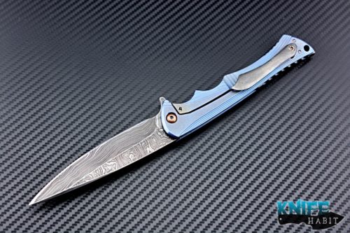 custom Neil Blackwood Custom Knives Henchman flipper knife, damascus blade, polished blue anodized titanium handle scales, zirconium pocket clip and backspacer