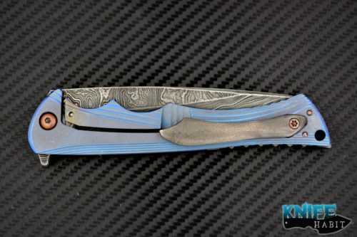 custom Neil Blackwood Custom Knives Henchman flipper knife, damascus blade, polished blue anodized titanium handle scales, zirconium pocket clip and backspacer
