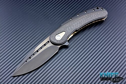 semi-custom todd begg bodega mid-tech knife, black & gold titanium, light strike carbon fiber inlays, bohler n690 blade fluting, cracked ice