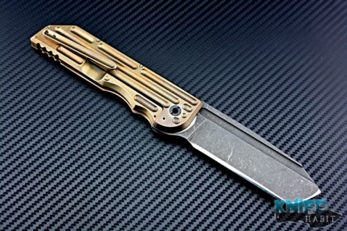 custom alphahunter tactical design original warhorse, acid washed 3V blade, milled titanium gold anodized handle