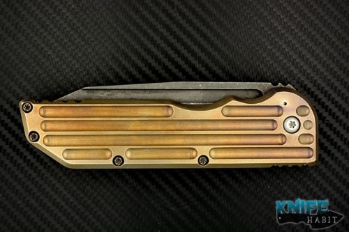 custom alphahunter tactical design original warhorse, acid washed 3V blade, milled titanium gold anodized handle