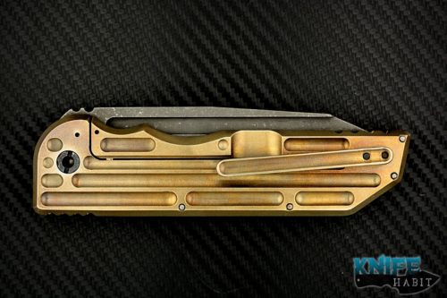 custom alphahunter tactical design original warhorse, acid washed 3V blade, milled titanium gold anodized handle