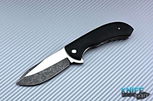 custom chuck gedraitis bull shark flipper knife, black micarta scales, titanium liners, orange peeled titanium clip, two tone cpm 154 blade steel