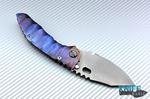 custom dalibor bergam draco knife, deep sculpted titanium frame colorfully anodized, acid washed 3v blade steel