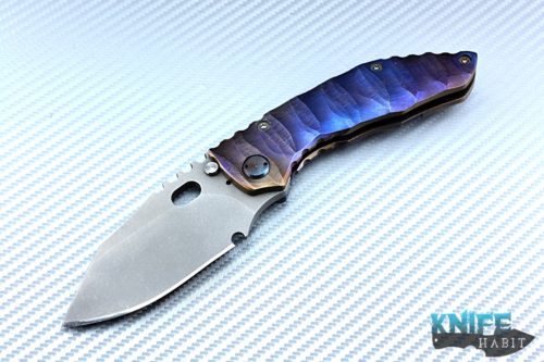 custom dalibor bergam draco knife, deep sculpted titanium frame colorfully anodized, acid washed 3v blade steel