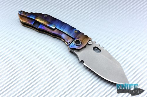 custom dalibor bergam draco knife, deep sculpted titanium frame colorfully anodized, acid washed 3v blade steel