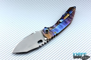 custom dalibor bergam draco knife, deep sculpted titanium frame colorfully anodized, acid washed 3v blade steel