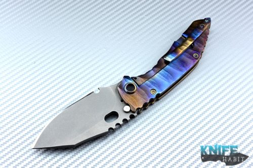 custom dalibor bergam draco knife, deep sculpted titanium frame colorfully anodized, acid washed 3v blade steel