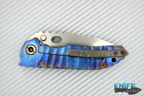 custom dalibor bergam sirius knife, zirconium scale, zirconium clip, sculpted blue purple anodized handle, 3v blade steel, hand rubbed blade