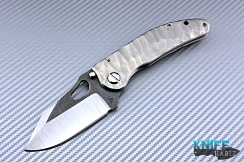 custom damjan eror small saurus knife, two-tone hollow grind, 3v blade steel, sculpted titanium handle