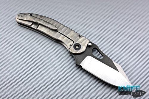 custom damjan eror small saurus knife, two-tone hollow grind, 3v blade steel, sculpted titanium handle