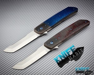 custom pohan leu hamachi flipper knives, s35vn blade steel, silver light strike carbon fiber, blue, red twill, zirconium bolsters, zirc clip
