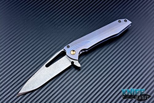 custom michal gavac gavko knives thicker tanto mako knife, polished grind, acid washed AEB-L blade steel, anodized titanium handle, gold anodized pivot