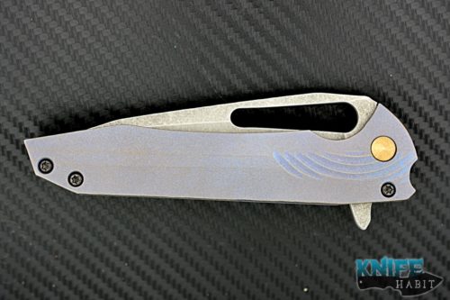 custom michal gavac gavko knives thicker tanto mako knife, polished grind, acid washed AEB-L blade steel, anodized titanium handle, gold anodized pivot