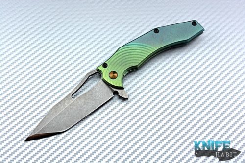 custom gavko spinner knife, thicker model, circle milling, anodized fade blue to green, acid washed aeb-l blade with polished tip