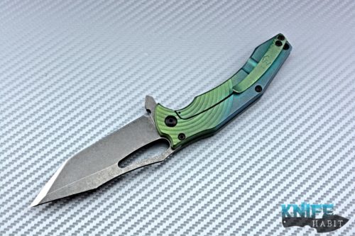 custom gavko spinner knife, thicker model, circle milling, anodized fade blue to green, acid washed aeb-l blade with polished tip