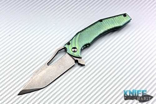 custom gavko thick spinner knife, acid washed aeb-l blade steel, green blue anodized tree bard titanium