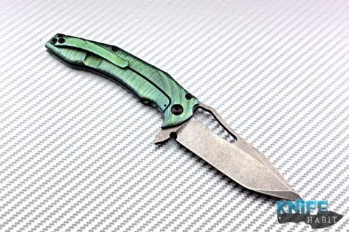 custom gavko thick spinner knife, acid washed aeb-l blade steel, green blue anodized tree bard titanium