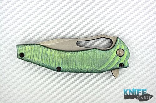 custom gavko thick spinner knife, acid washed aeb-l blade steel, green blue anodized tree bard titanium