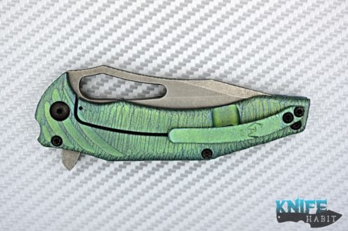 custom gavko thick spinner knife, acid washed aeb-l blade steel, green blue anodized tree bard titanium