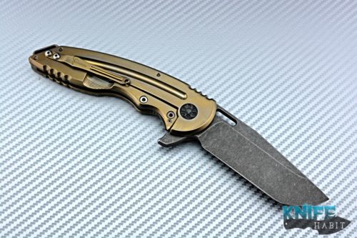 custom jake hoback a15 knife, weg edition, acid washed blade, gold anodized milled titanium frame