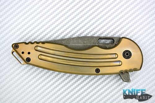 custom jake hoback a15 knife, weg edition, acid washed blade, gold anodized milled titanium frame