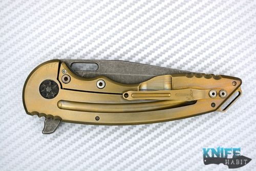 custom jake hoback a15 knife, weg edition, acid washed blade, gold anodized milled titanium frame