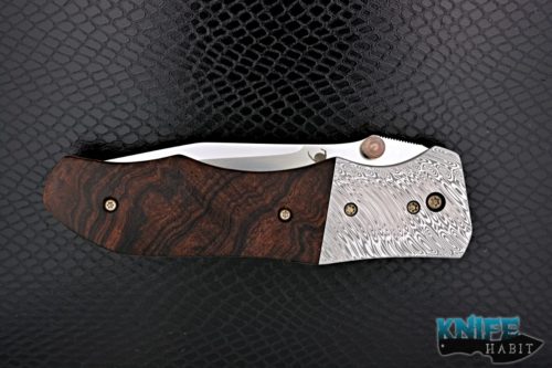 custom kirby lambert inferno knife, damasteel bolster, red wood scales, satin blade, titanium clip