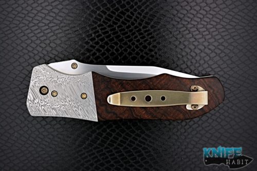 custom kirby lambert inferno knife, damasteel bolster, red wood scales, satin blade, titanium clip