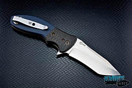 custom kirby lambert snap mgt flipper knife, light strike carbon fiber bolsters, blue g10 scales with moon glow inlays, cts-xhp blade steel, satin finish, recurve compound grind