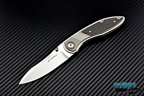 custom lee williams new adventure knife, zirconium pivot collars and thumb studs, blackened titanium clip, carbon fiber inlays, milled titanium liner lock frame