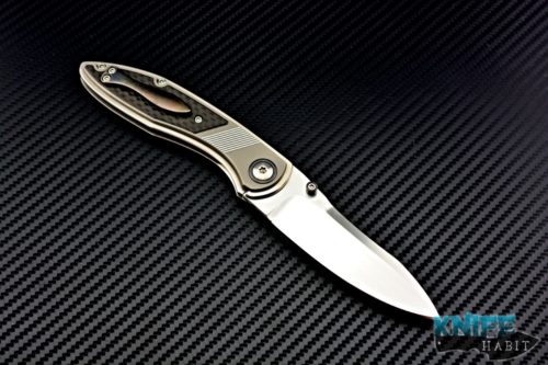 custom lee williams new adventure knife, zirconium pivot collars and thumb studs, blackened titanium clip, carbon fiber inlays, milled titanium liner lock frame