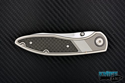 custom lee williams new adventure knife, zirconium pivot collars and thumb studs, blackened titanium clip, carbon fiber inlays, milled titanium liner lock frame