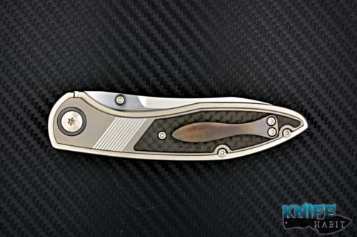 custom lee williams new adventure knife, zirconium pivot collars and thumb studs, blackened titanium clip, carbon fiber inlays, milled titanium liner lock frame