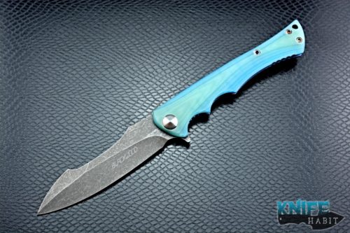custom neil henchman knife, jade g10, blue anodized titanium, acid washed blade finish, emlax blade steel