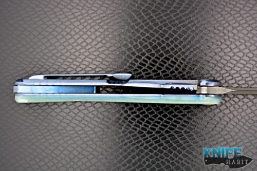 custom neil henchman knife, jade g10, blue anodized titanium, acid washed blade finish, emlax blade steel