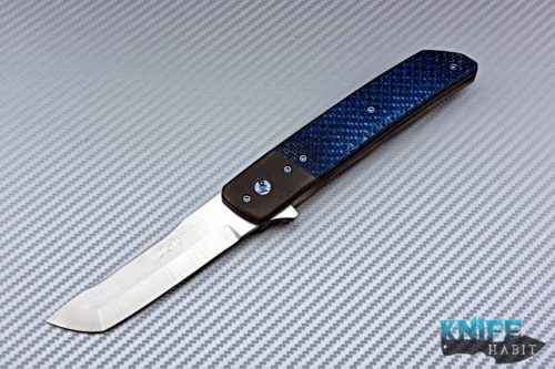 custom pohan leu hamachi flipper knife, blue twill silver light strike carbon fiber scales, zirconium bolster, s35vn blade steel