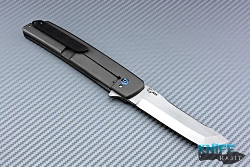 custom pohan leu hamachi flipper knife, blue twill silver light strike carbon fiber scales, zirconium bolster, s35vn blade steel