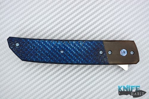 custom pohan leu hamachi flipper knife, blue twill silver light strike carbon fiber scales, zirconium bolster, s35vn blade steel