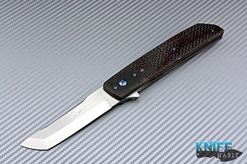 custom pohan leu hamachi flipper knife, red twill light strike carbon fiber scales, zirconium bolster, zirconium clip