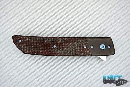 custom pohan leu hamachi flipper knife, red twill light strike carbon fiber scales, zirconium bolster, zirconium clip