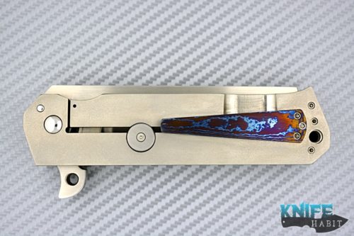 custom reese weiland slash flipper knife, orange peeled titanium frame, timascus clip, stainless steel backspacer, .365" thick blade stock