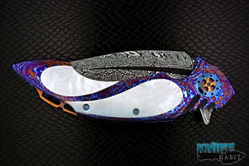 custom ron best phaze knife, full tiimascus frame and clip with white pearl inlays, damasteel blade