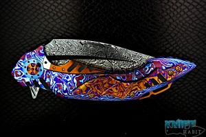 custom ron best phaze knife, full tiimascus frame and clip with white pearl inlays, damasteel blade